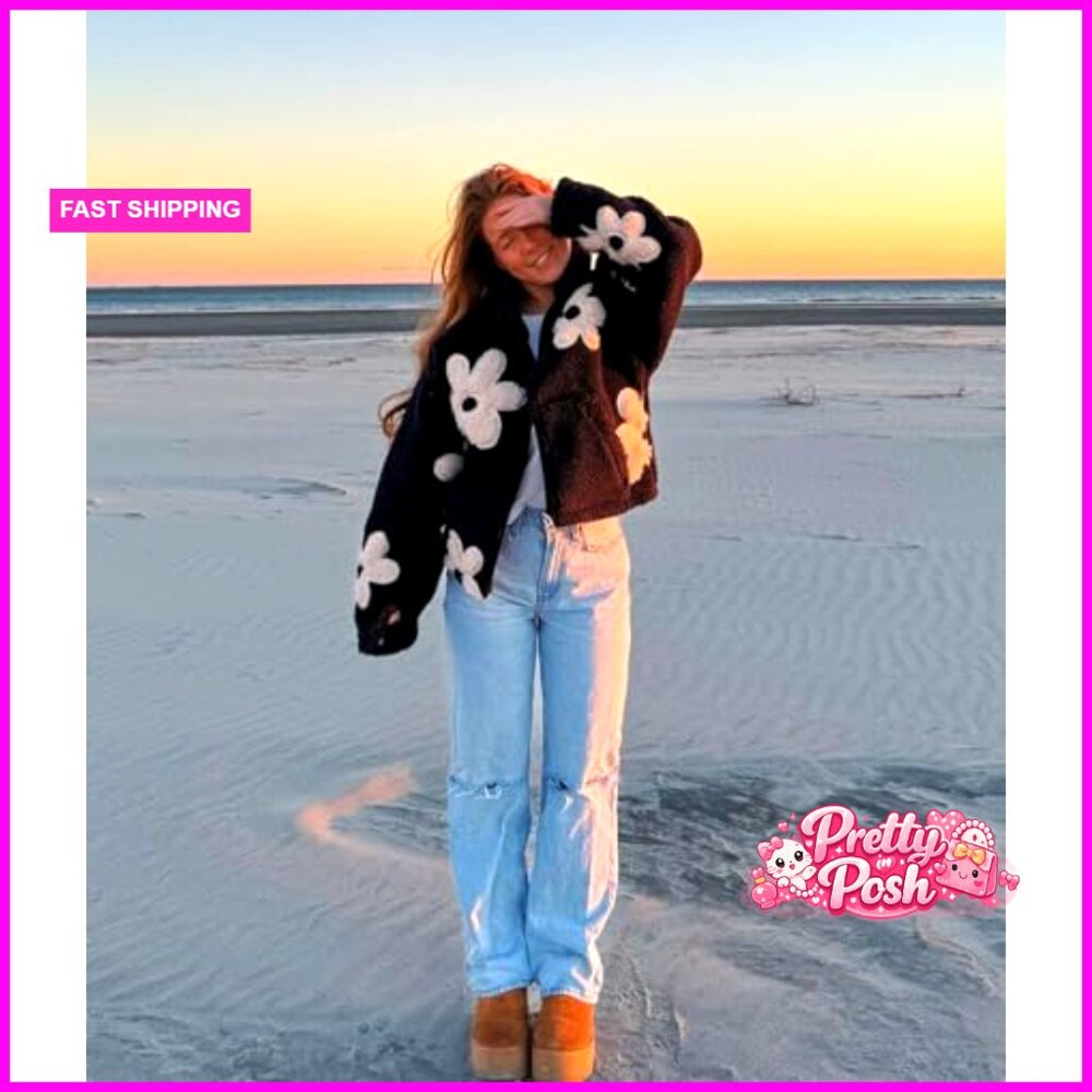 Floral Print Sherpa Fleece Jacket Zipper Cropped Coat Long Sleeve - Picture 2 of 7
